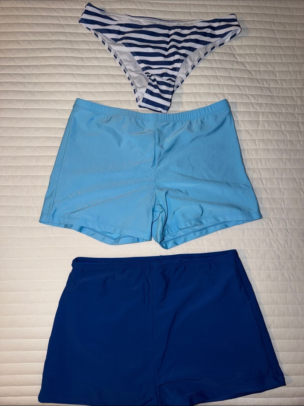 3-Piece Blue Swim Bottoms Set - Striped Bikini + Light & Navy Swim Shorts